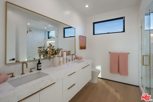 bathroom featuring toilet, a shower with shower door, hardwood / wood-style flooring, and vanity