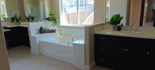 bathroom with vanity and a bath