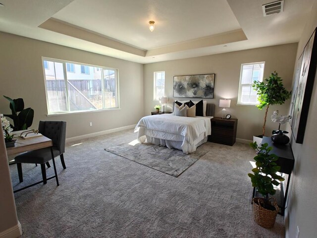 bedroom with light colored carpet, a tray ceiling, and multiple windows