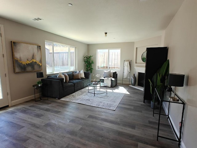 living room featuring dark wood-type flooring