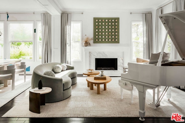 living area with a wealth of natural light, crown molding, a fireplace, and wood-type flooring