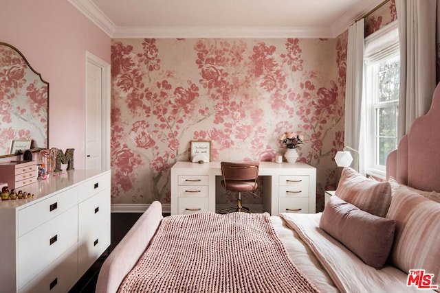 bedroom featuring crown molding, multiple windows, and light hardwood / wood-style flooring