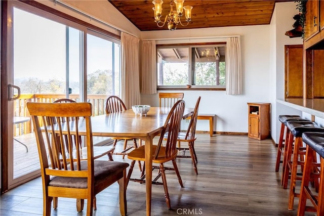 dining area featuring a notable chandelier, baseboards, wooden ceiling, wood finished floors, and lofted ceiling