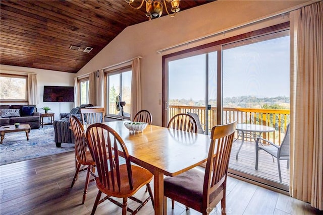dining room with visible vents, lofted ceiling, wood finished floors, and wooden ceiling