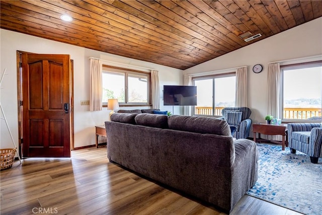 living area featuring visible vents, recessed lighting, wood finished floors, vaulted ceiling, and wood ceiling