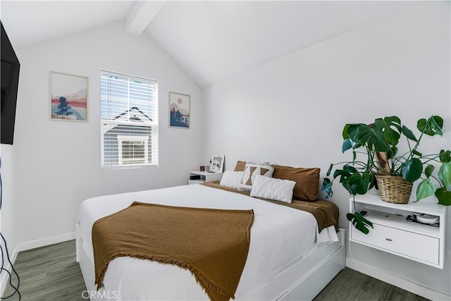 bedroom featuring dark wood-type flooring and lofted ceiling with beams