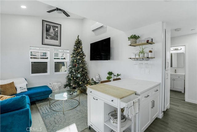 living room with ceiling fan, a wall unit AC, and hardwood / wood-style flooring