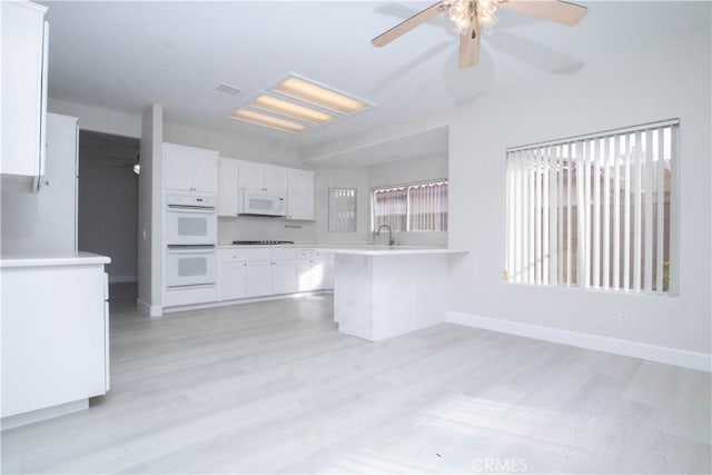 kitchen featuring white cabinetry, light hardwood / wood-style floors, kitchen peninsula, white appliances, and sink