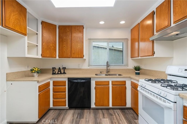 kitchen featuring dark wood-type flooring, dishwasher, white gas range, and sink