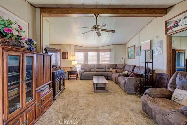 living room with ceiling fan, carpet, and lofted ceiling with beams