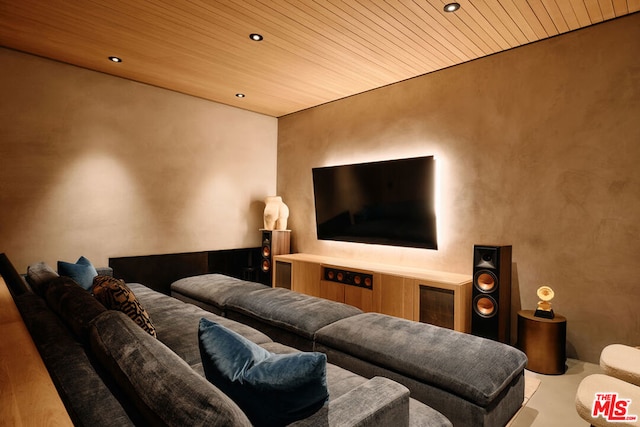 home theater featuring wooden ceiling