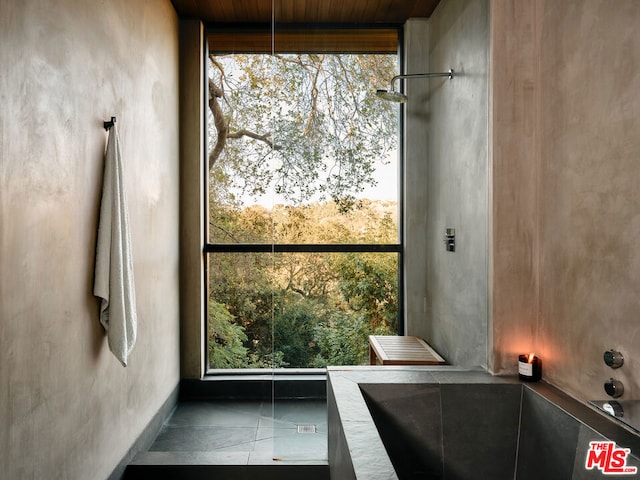 bathroom with wooden ceiling