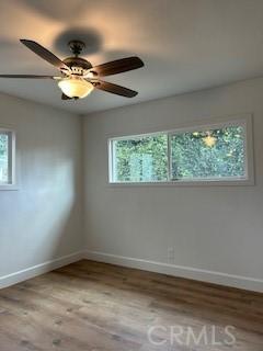 empty room featuring ceiling fan, light wood-type flooring, and a healthy amount of sunlight