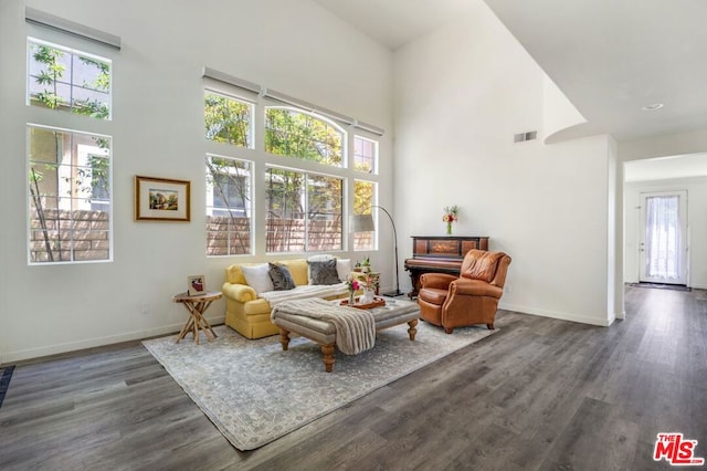 living room featuring dark hardwood / wood-style floors, plenty of natural light, and a towering ceiling