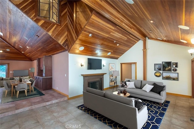 living room featuring high vaulted ceiling, wooden ceiling, and light tile patterned flooring