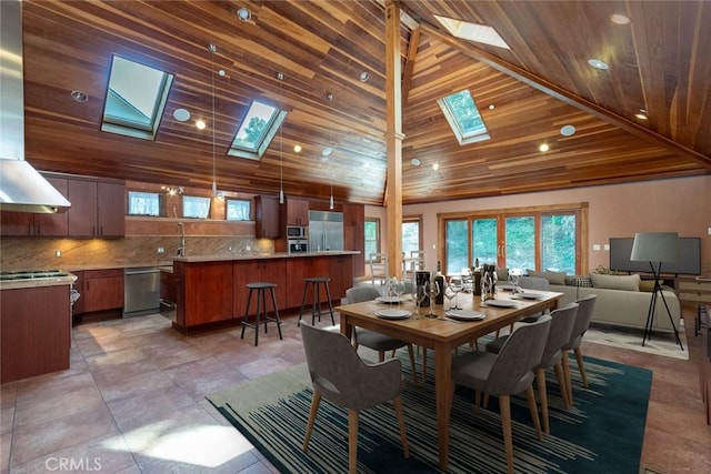 dining room featuring high vaulted ceiling, sink, a skylight, and wood ceiling