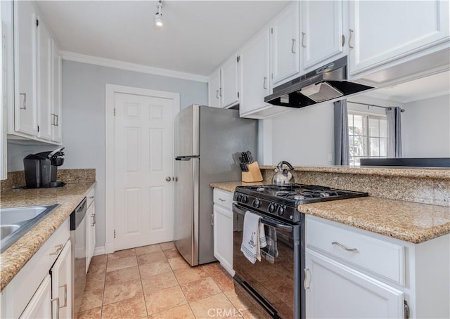 kitchen with white cabinetry, stainless steel dishwasher, ornamental molding, and black gas range