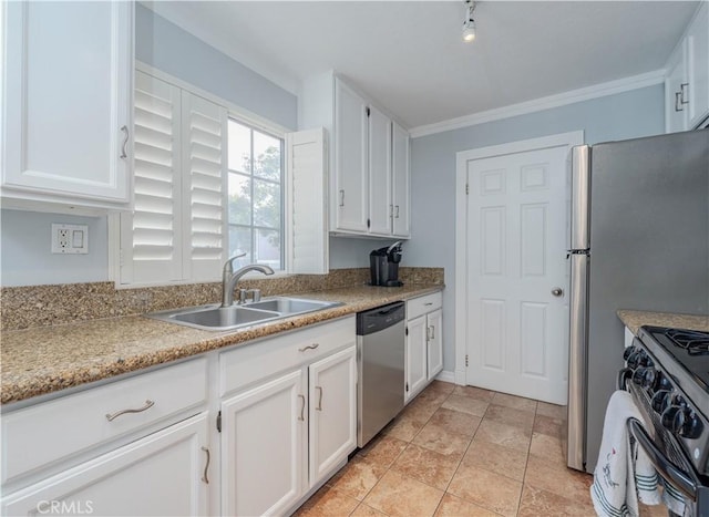 kitchen with sink, white cabinetry, crown molding, light stone counters, and stainless steel appliances