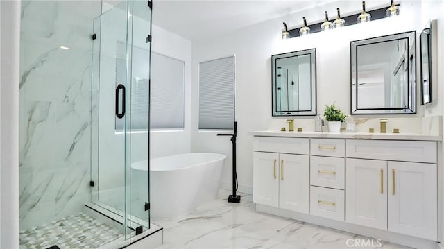 bathroom featuring plus walk in shower and vanity