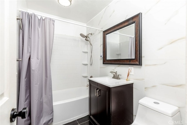 full bathroom featuring toilet, vanity, and shower / bath combination with curtain