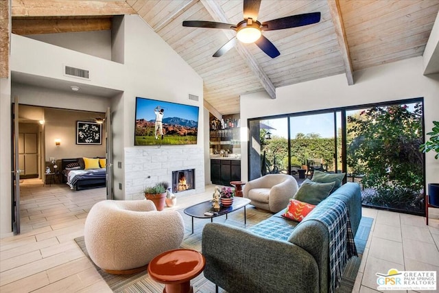 living room featuring wooden ceiling, beam ceiling, high vaulted ceiling, and ceiling fan