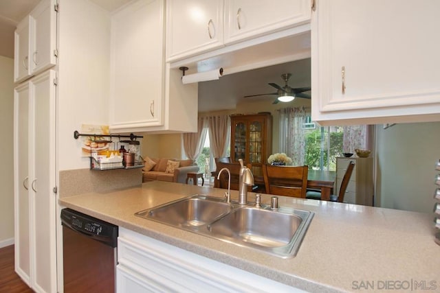 kitchen with white cabinetry, dishwasher, sink, and ceiling fan