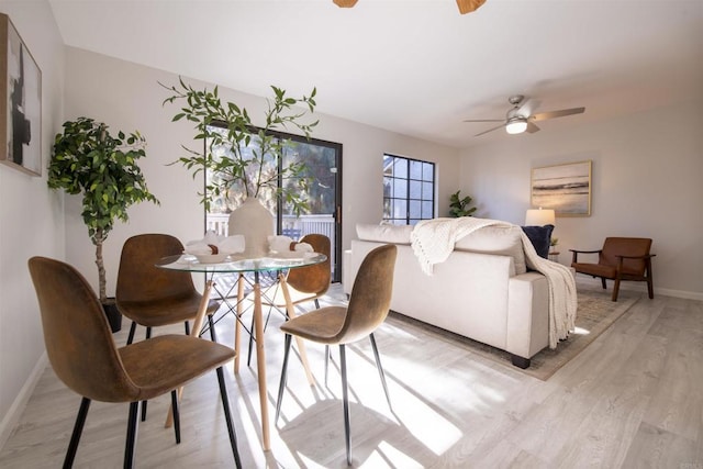 dining area with ceiling fan and light wood-type flooring