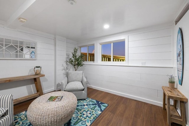 sitting room with dark wood-type flooring