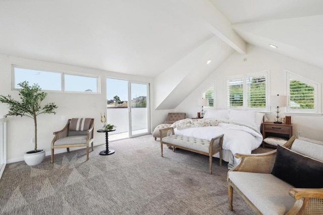 carpeted bedroom with access to exterior and vaulted ceiling with beams