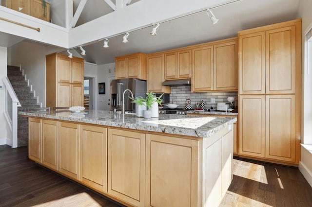 kitchen featuring light brown cabinetry, light stone countertops, hardwood / wood-style floors, and a center island with sink