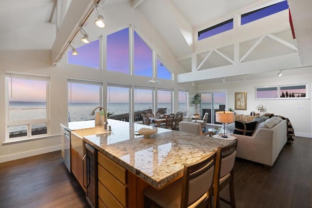 kitchen featuring a center island with sink, dark wood-type flooring, dishwasher, light stone countertops, and a water view