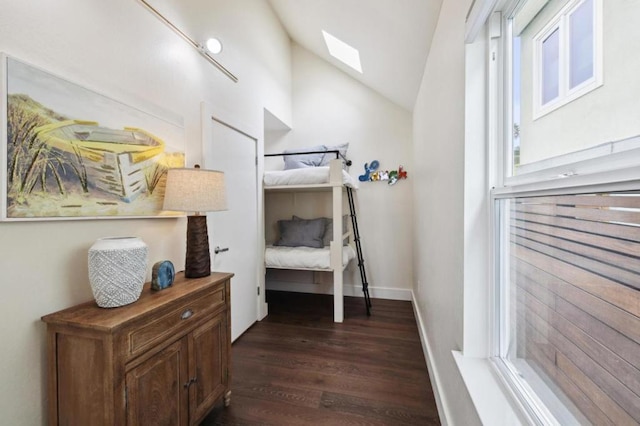 bedroom featuring lofted ceiling with skylight and dark hardwood / wood-style flooring