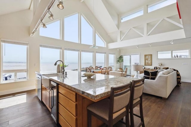 kitchen featuring beverage cooler, sink, a water view, light stone counters, and a center island with sink