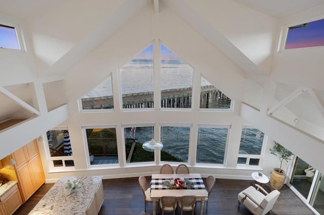 living room featuring a water view, beam ceiling, dark hardwood / wood-style flooring, and high vaulted ceiling