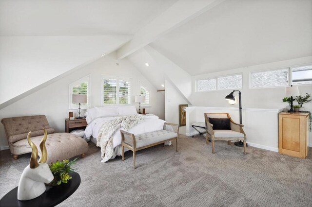 carpeted bedroom with vaulted ceiling with beams