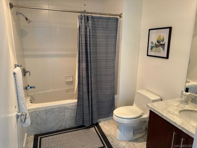 full bathroom with toilet, vanity, tile patterned floors, and shower / bathtub combination with curtain