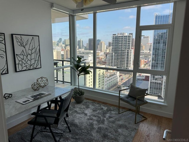 office space featuring ceiling fan, wood-type flooring, and a healthy amount of sunlight