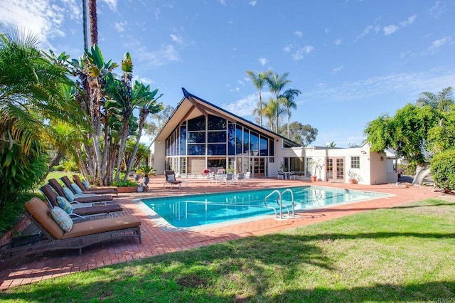 623 Quail Gardens Ln, Encinitas, CA 92024 - outdoor pool with a yard, a patio, and french doors