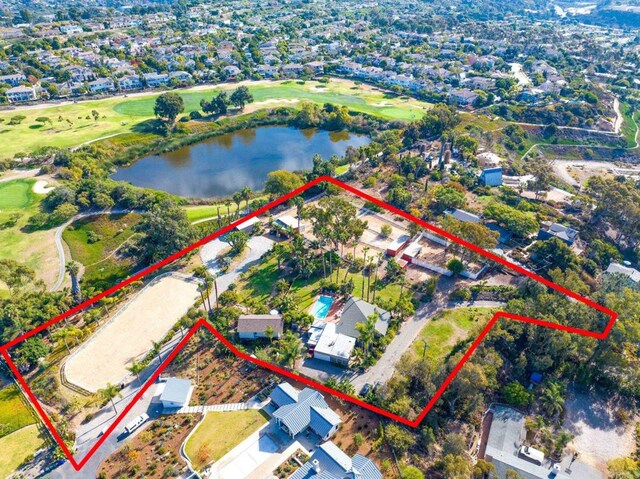 623 Quail Gardens Ln, Encinitas, CA 92024 - aerial perspective of suburban area with property boundaries highlighted and a local golf course