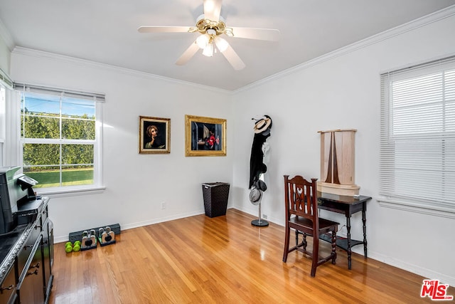 misc room featuring ceiling fan, ornamental molding, and light hardwood / wood-style floors