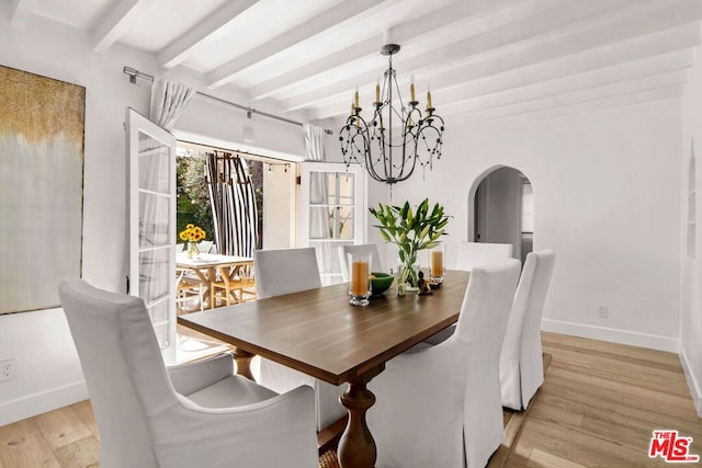 dining room featuring light wood-type flooring, beam ceiling, and a notable chandelier