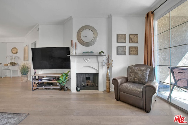 sitting room featuring ornamental molding and light wood-type flooring