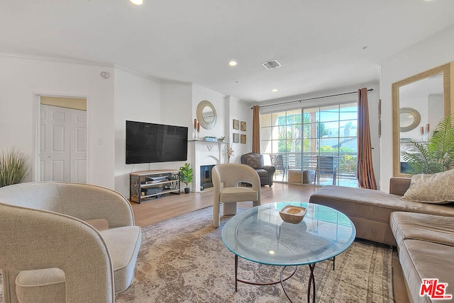 living room featuring light hardwood / wood-style floors and crown molding