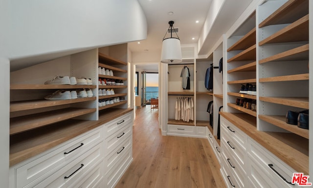 walk in closet with light hardwood / wood-style flooring