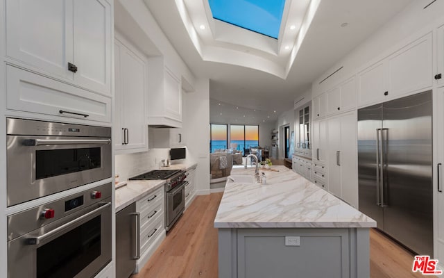 kitchen featuring a skylight, high quality appliances, white cabinetry, and a center island with sink