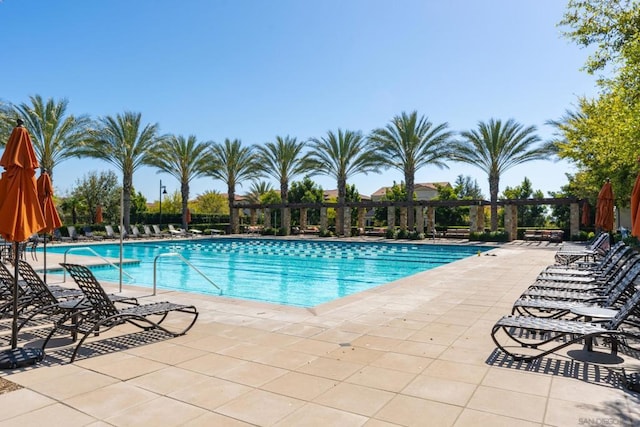 view of swimming pool with a patio