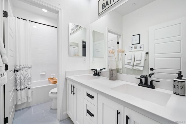 full bathroom with toilet, vanity, tile patterned flooring, and shower / tub combo with curtain