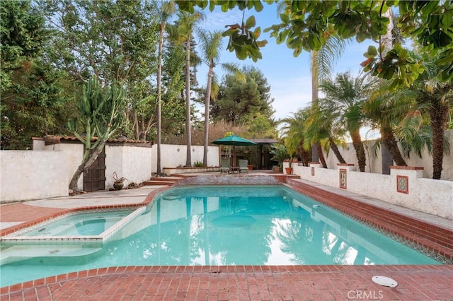 view of swimming pool featuring an in ground hot tub