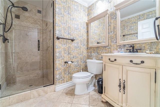 bathroom featuring toilet, ornamental molding, walk in shower, and vanity