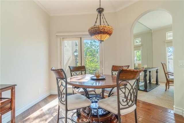 dining area featuring hardwood / wood-style flooring and crown molding